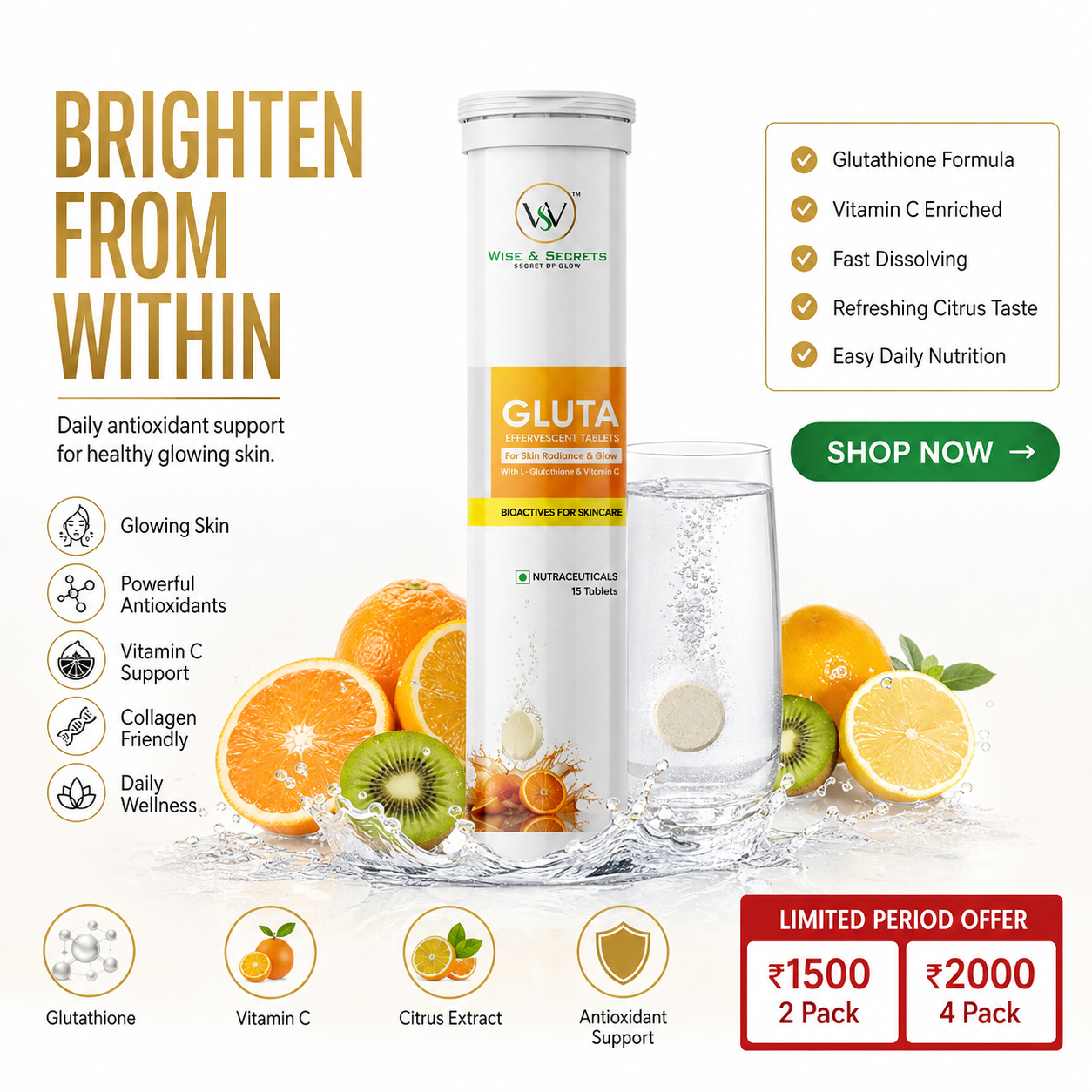 GLUTA Effervescent Tablets | L-Glutathione + Vitamin C | Orange | PACK OF 1