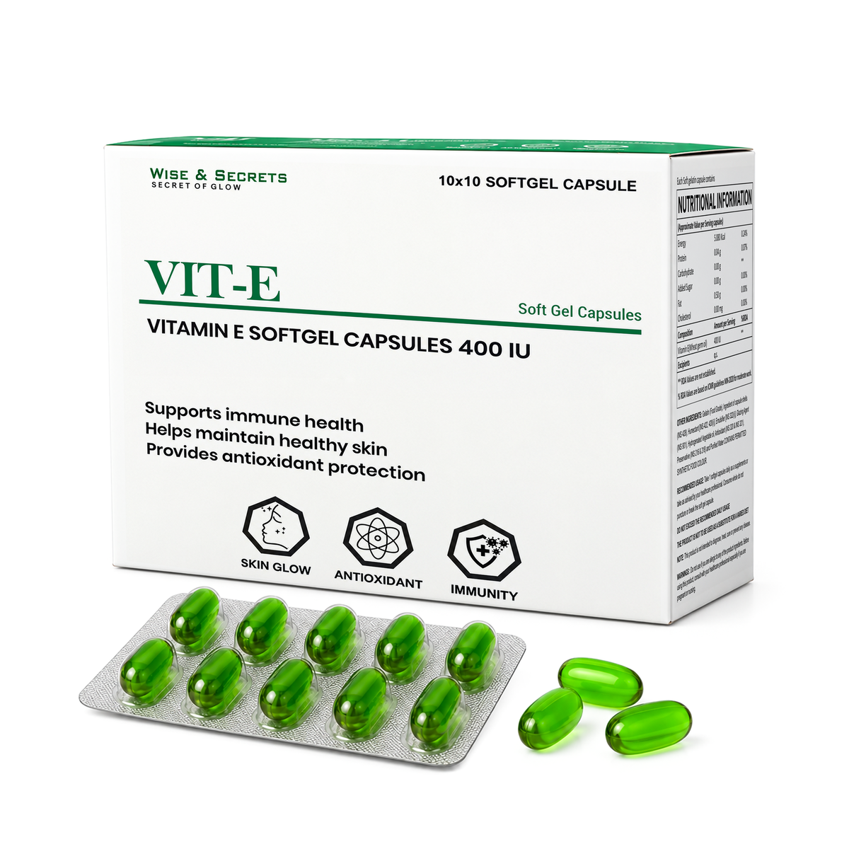 Wise & Secrets Vitamin E Capsules 400mg for Face & Hair | Vitamin E Oil Capsules for Glowing Skin, Hair Growth & Dark Spots | Natural Vitamin E Supplement for Men & Women Paraben Free - 10 X 100 Capsules