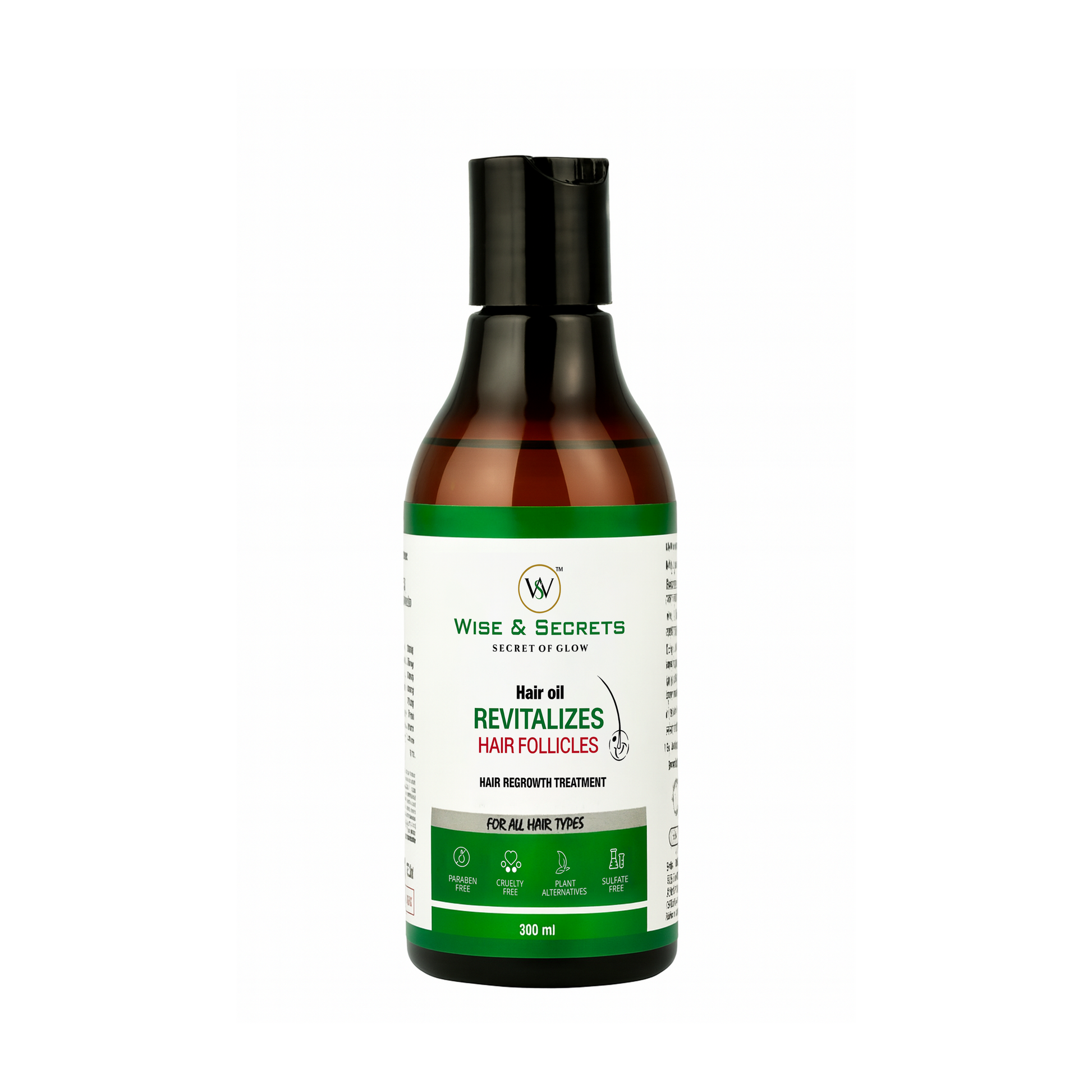 Hair oil bottle with label on a white background