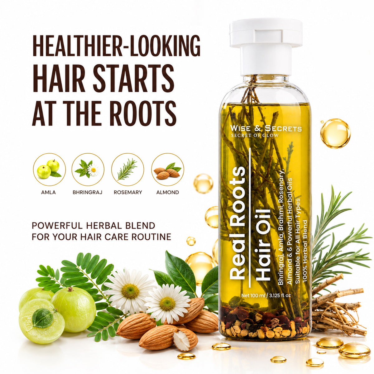 Real Roots Hair Oil – Bhringraj, Amla, Brahmi & Rosemary Hair Growth Oil | 100ml