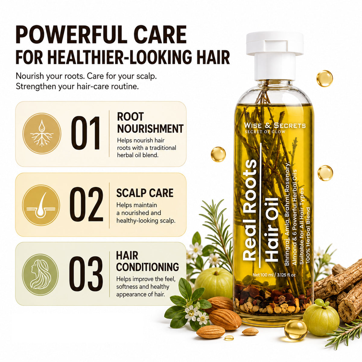 Real Roots Hair Oil – Bhringraj, Amla, Brahmi & Rosemary Hair Growth Oil | 100ml