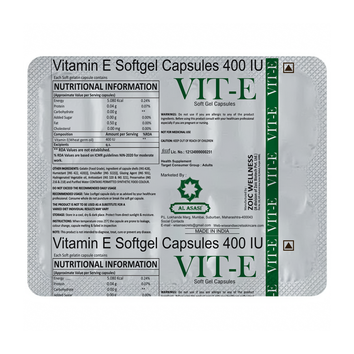 Wise & Secrets Vitamin E Capsules 400mg for Face & Hair | Vitamin E Oil Capsules for Glowing Skin, Hair Growth & Dark Spots | Natural Vitamin E Supplement for Men & Women Paraben Free - 10 X 100 Capsules